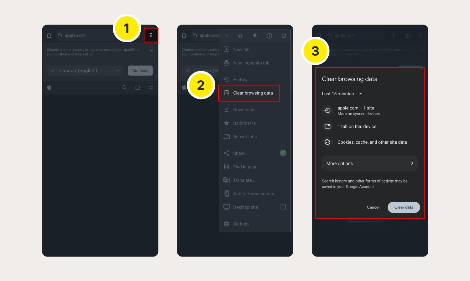 Abbildung: Löschen von Cookies in Chrome auf einem Android-Gerät