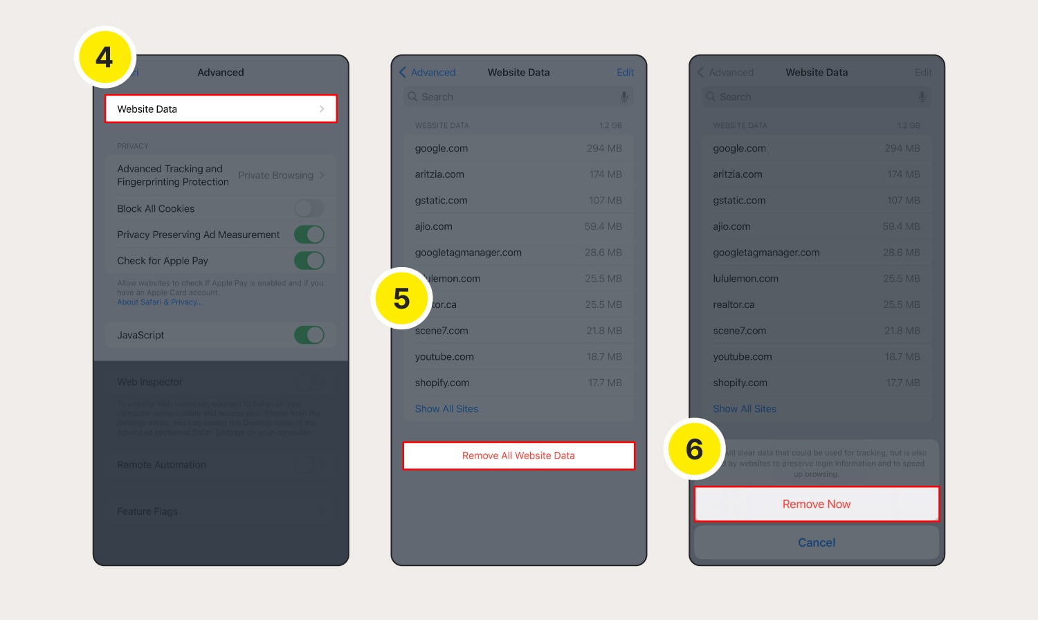 Abbildung: Die letzten Schritte zum Entfernen von Cookies in Safari auf einem iOS-Gerät