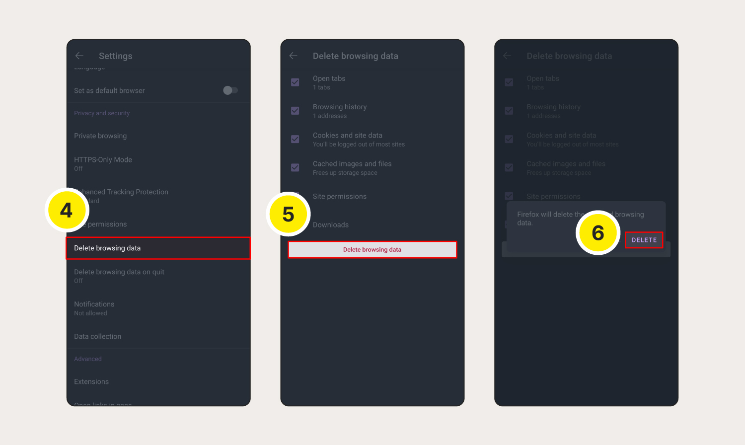Abbildung: Die letzten Schritte zum Löschen von Cookies in Firefox auf einem Android-Gerät