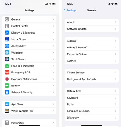 Navigieren Sie zum Menü Allgemein in den iOS-Einstellungen.