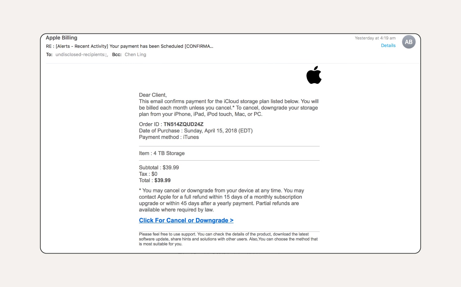 Eine Phishing-E-Mail zum iCloud-Speicher